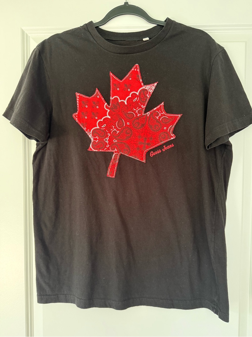 Guess Black Short-Sleeve Tee with Red Paisley Maple Leaf